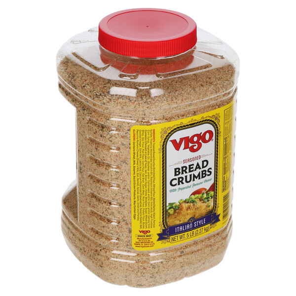 Left three-quarter view Vigo 5 lbs Seasoned Italian Style Bread Crumbs Jug