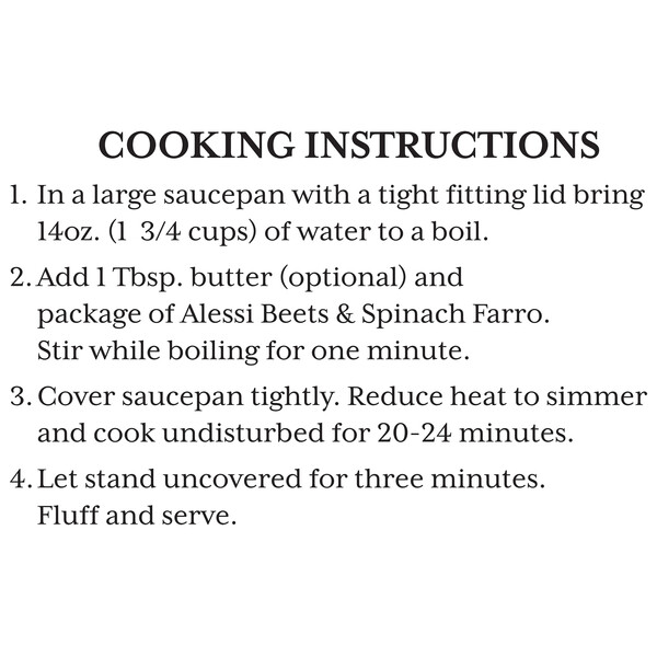 Instructions Alessi 7 oz Beets & Spinach Farro