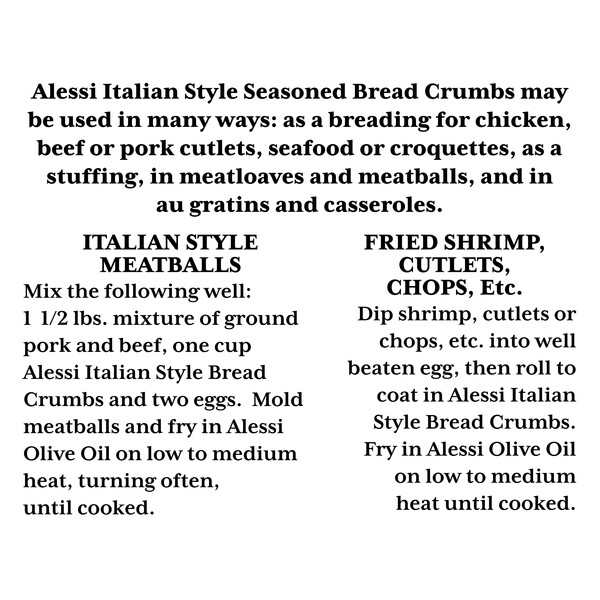 Instructions Alessi 15 oz Seasoned Italian Style Bread Crumbs
