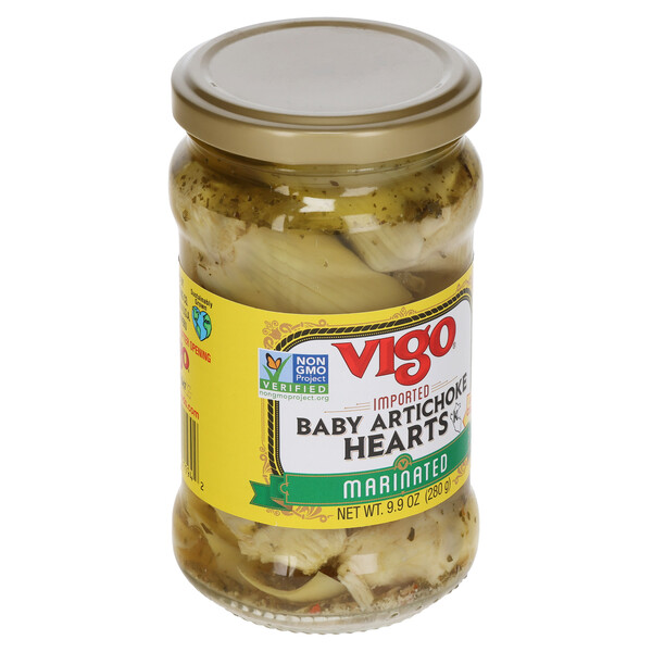 Left three-quarter view Vigo 9.9 oz Marinated Baby Artichoke Hearts