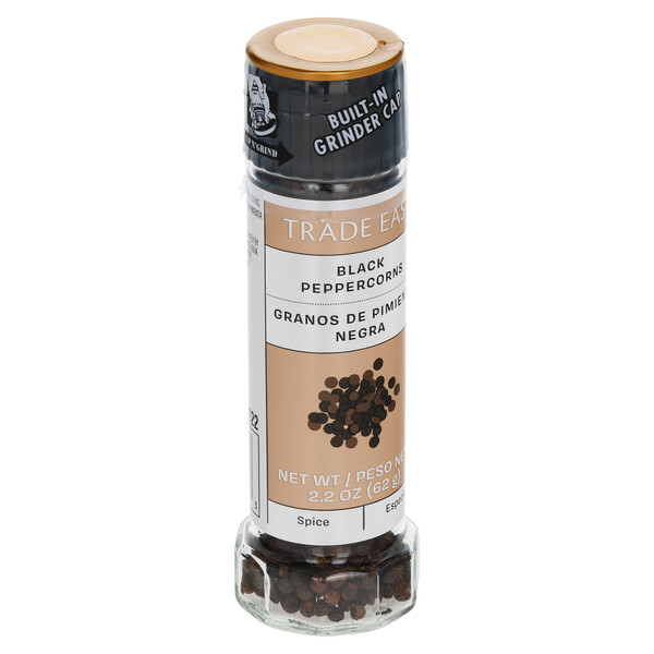 Left three-quarter view Trade East 2.2 oz Black Pepper Grinder