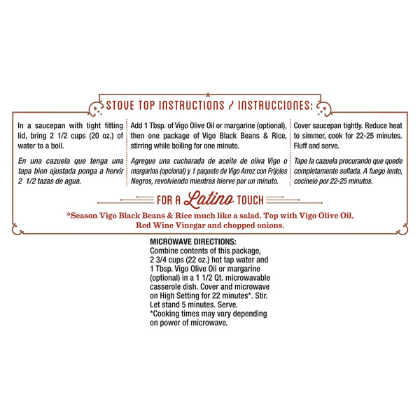 Instructions Vigo 6 oz Black Beans & Rice Dinner