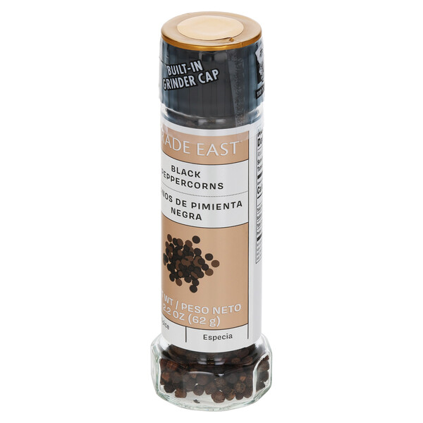 Right three-quarter view of Trade East 2.2 oz Black Pepper Grinder