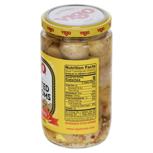 Right and top Vigo 12 oz Marinated Mushrooms