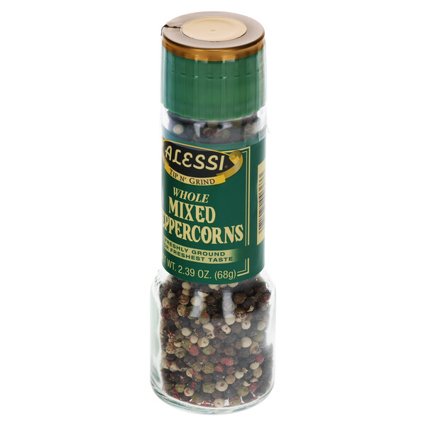 Right three-quarter view of Alessi 2.39 oz Whole Mixed Peppercorns Grinder
