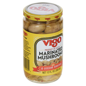 Left three-quarter view Vigo 12 oz Marinated Mushrooms