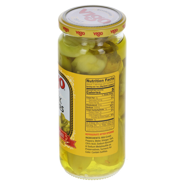 Right and top Vigo 16 fl. oz Greek Peppers