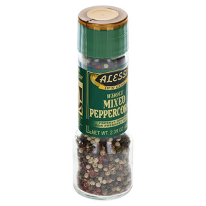 Left three-quarter view Alessi 2.39 oz Whole Mixed Peppercorns Grinder
