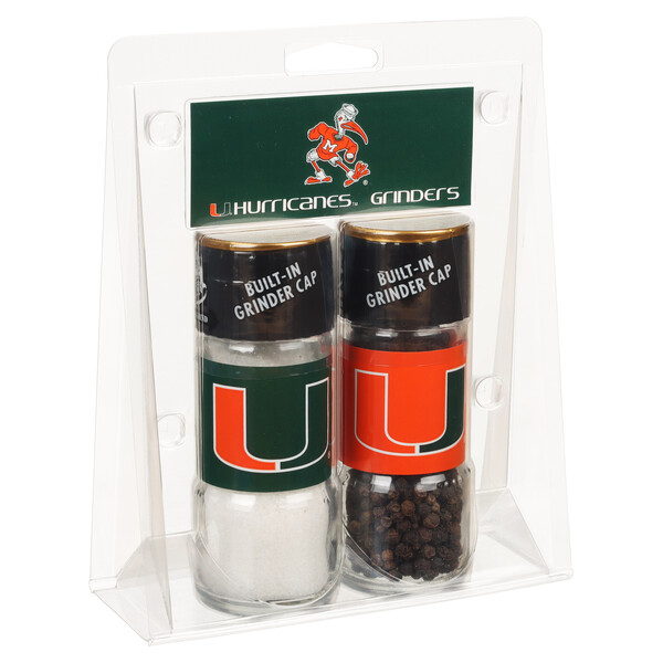 Left three-quarter view Alessi 4.17 oz University of Miami Hurricanes&reg; Grinder Set