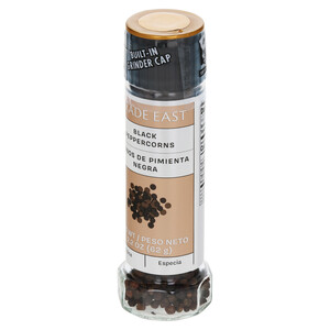Right three-quarter view of Trade East 2.2 oz Black Pepper Grinder