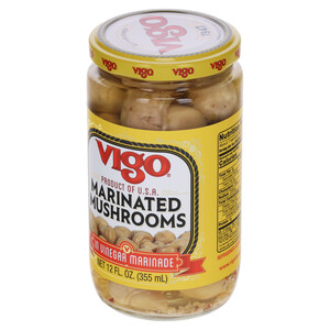 Right three-quarter view of Vigo 12 oz Marinated Mushrooms